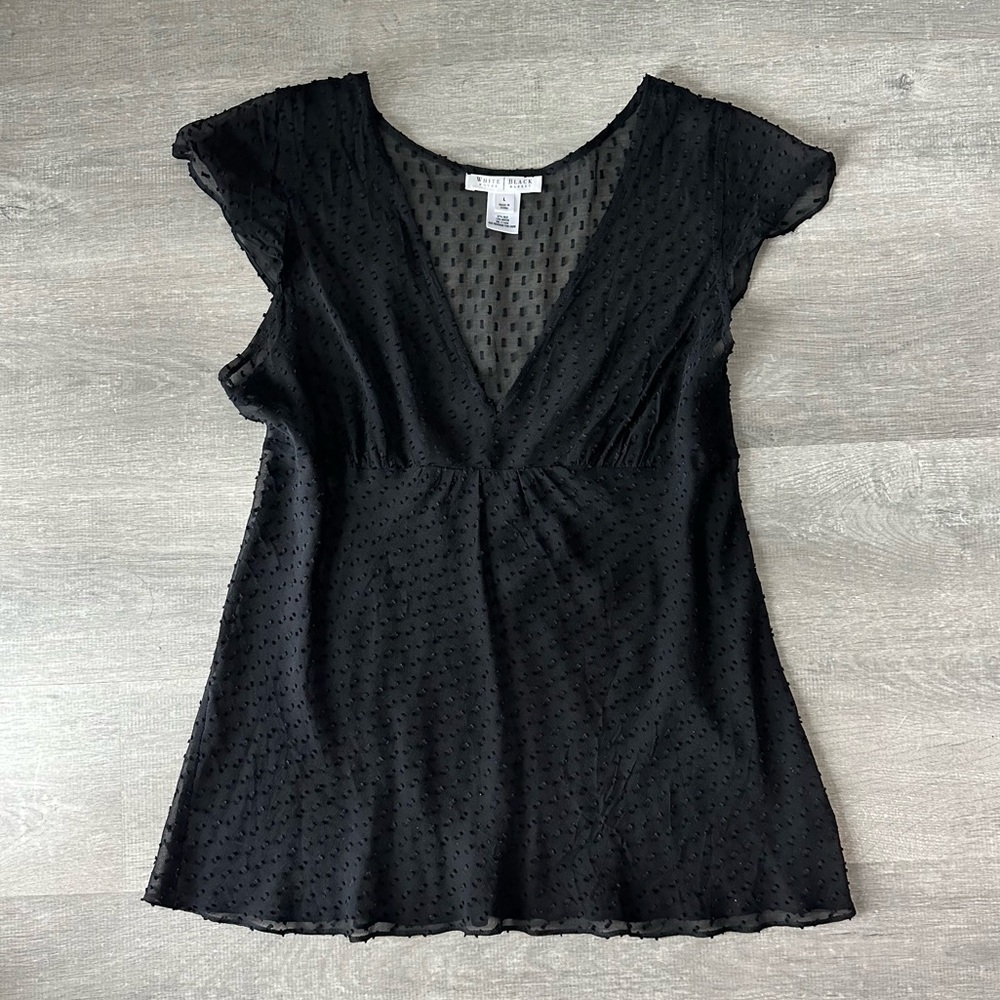 Silk White House Black Market Silk Blend Swiss Dot V-Neck Sheer Babydoll Blouse